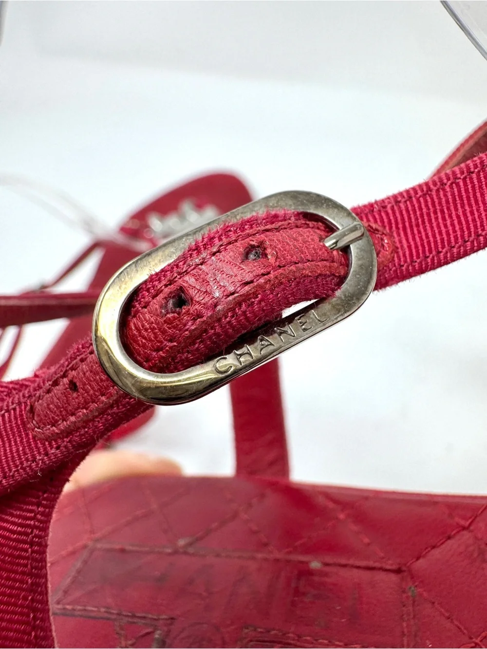 Chanel Vintage Red Quilted Leather Chain T strap Sandals with CC Logo Size 39.5